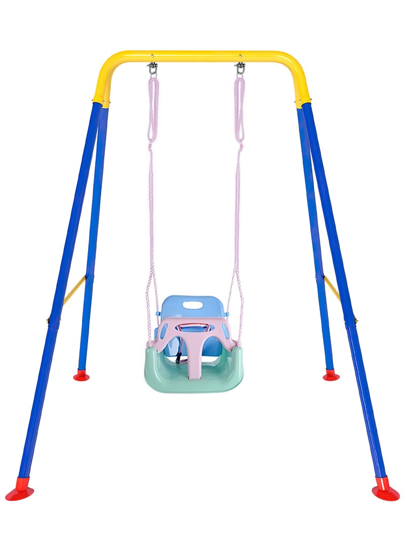 فنز  مجموعة أرجوحة الأطفال 3 في 1 من Funz مع إطار أرجوحة أطفال داخلية وخارجية مع حامل معدني قابل للطي للأطفال في الفناء الخلفي، سهلة التجميع والتخزين، أخضر فاتح - Image 1