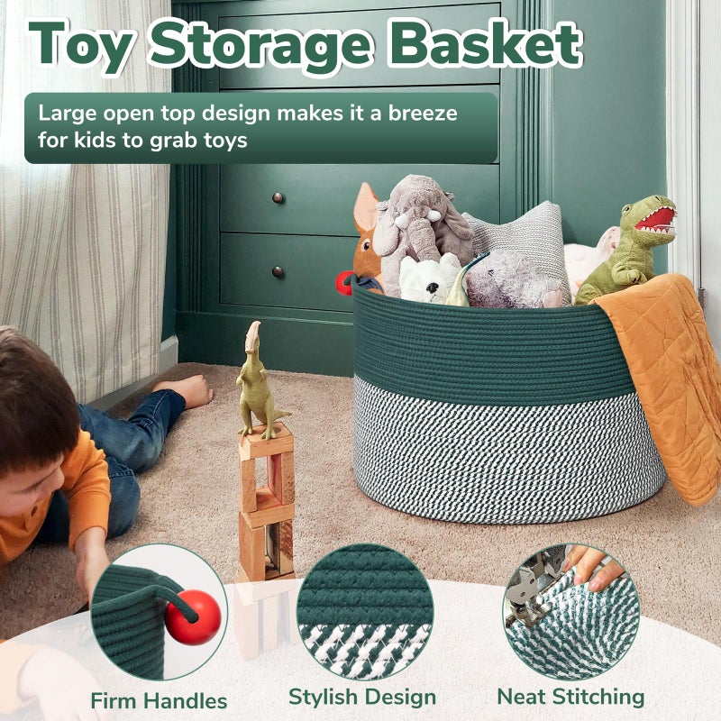 Goodpick Large Storage Basket 22" x 14", Woven Baby Storage for Blanket Living Room, Laundry Organizer for Clothes, Toys, Christmas Basket for Gifts, Green - Image 3