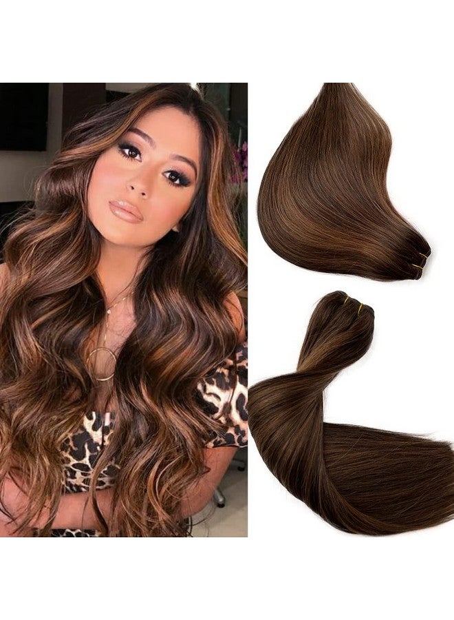 Smartinnov Hand Tied Weft Hair Extensions 22Inch Human Hair Ombre Brown Sew In Real Human Hair 120Gram Balayage Dark Brown Fading To Ash Blonde Highlight Double Weft Remy Hair Sew In Weft Hair Extensions - Image 1