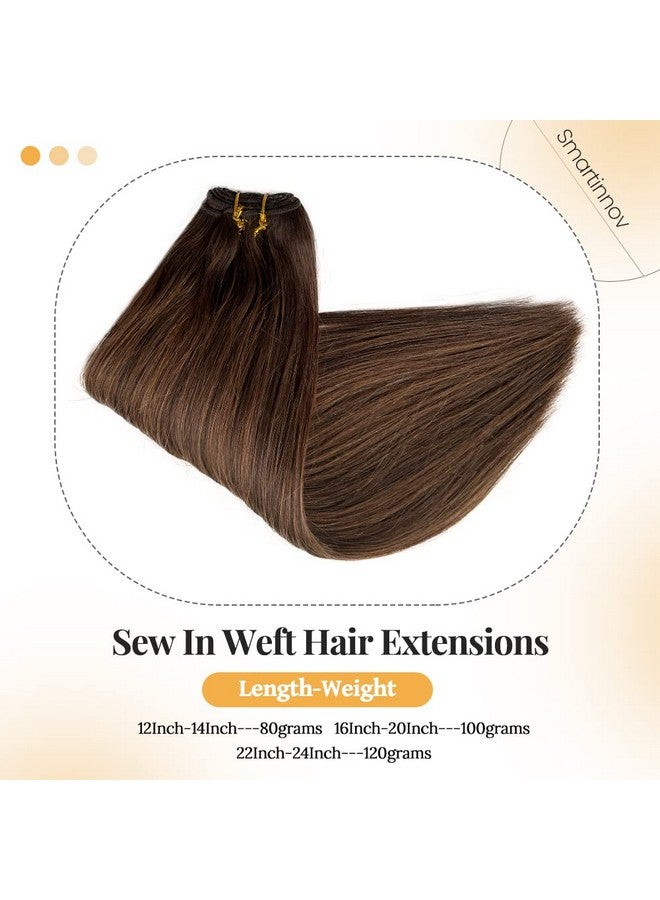 Smartinnov Hand Tied Weft Hair Extensions 22Inch Human Hair Ombre Brown Sew In Real Human Hair 120Gram Balayage Dark Brown Fading To Ash Blonde Highlight Double Weft Remy Hair Sew In Weft Hair Extensions - Image 4