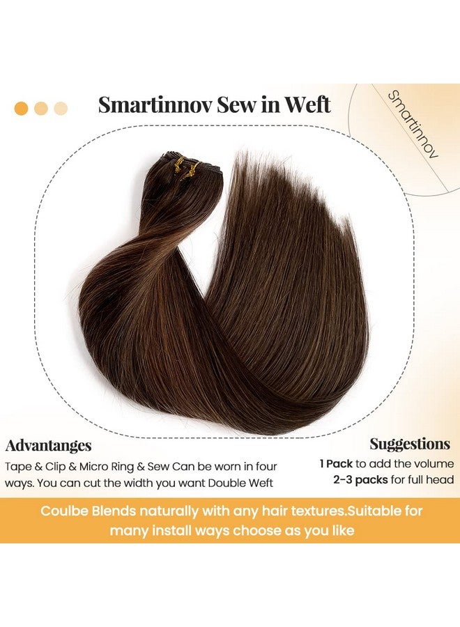 Smartinnov Hand Tied Weft Hair Extensions 22Inch Human Hair Ombre Brown Sew In Real Human Hair 120Gram Balayage Dark Brown Fading To Ash Blonde Highlight Double Weft Remy Hair Sew In Weft Hair Extensions - Image 3