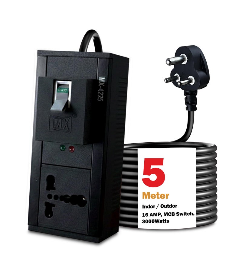 MX Single Socket Extension Board with 5 Meter Heavy Duty Long Wire Cord 3000W Single 16A Socket to 15A Plug,3 Pin Plug with 32AMP MCB Switch & Child Safety Shutter 16 amp Extension Cord - Image 1
