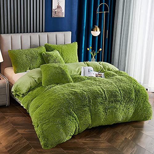 Yaoshuho Plush Fluffy Duvet Cover Queen Size Luxury Ultra Soft Shaggy Duvet Cover Set Faux Fur Comforter Bedding Set(1 Duvet Cover + 2 Pillow Shams), Green - Image 2