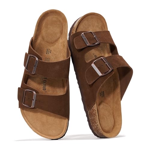 Project Cloud Genuine Leather Mens Sandals with Memory Foam Natural Cork Footbed Slides for Men Footwear - Non-Slip Double-Strap Buckle Summer Sandals (Arizona,CHOCSUEDE,9.5) - Image 1