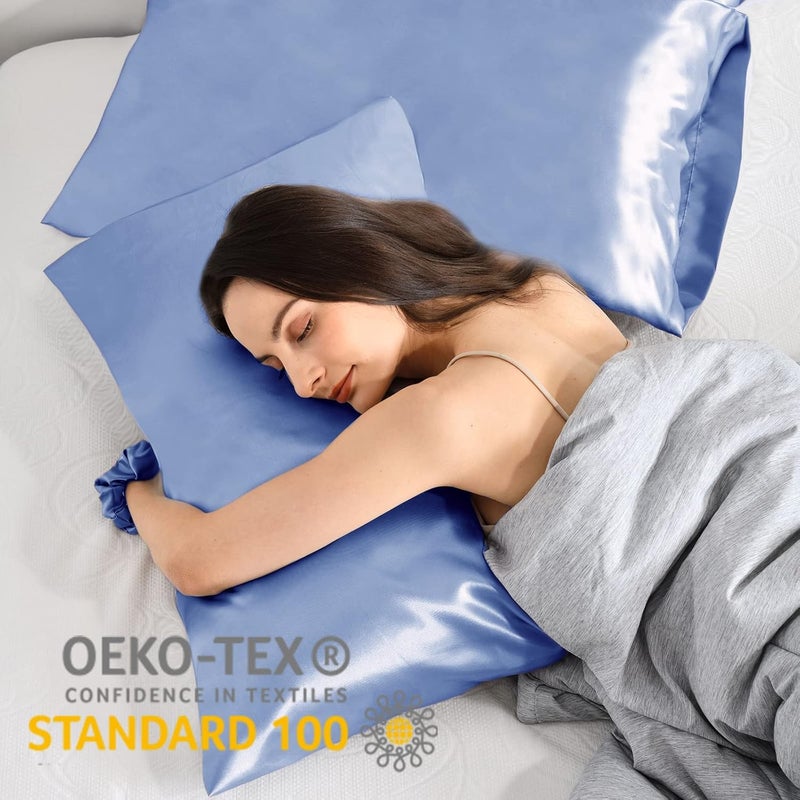 Vielit Set of 2 Satin Cushion Covers 40 x 60 cm, Soft Similar to Silk Pillowcase 40 x 60 cm, Premiun Pillowcase 40 x 60 cm Cushion Cover Blue for Hair and Skin with 2 Hair Bobbles Eco Certificate - Image 2