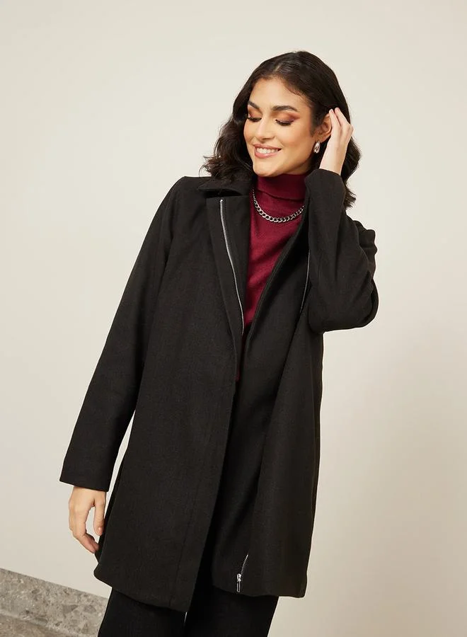 ستايلي Regular Fit  Longline Zip Through Biker Style Coat