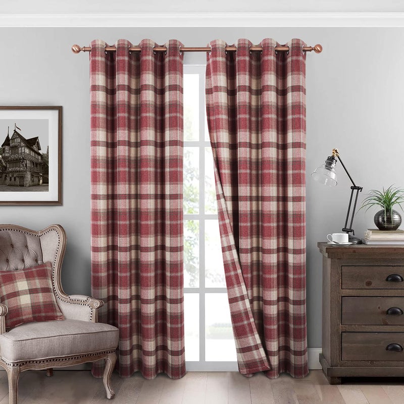 always4u Classic Red Plaid Curtains Highland Woolen Look Tartan Farmhouse Window Treatment Grommet Checked Curtains for Living Room Bedroom 2 Panels 45 * 84 Inches - Image 1