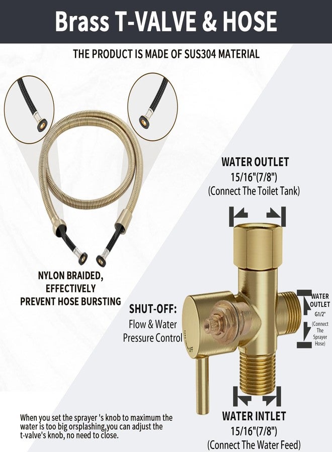 Lambloraey Brushed Gold Handheld Bidet Sprayer for Toilet, Stainless Steel Cloth Diaper Sprayer Kit with Solid Brass T-Valve, Adjustable Water Pressure Bidet Attachment - Image 3