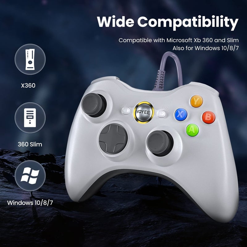 VOYEE PC Controller, Wired Controller Compatible with Microsoft Xbox 360 & Slim/PC Windows 10/8/7, with Upgraded Joystick, Double Shock | Enhanced (White) - Image 4