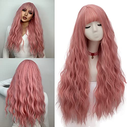 Netgo Womens Pink Wig Long Fluffy Curly Wavy Hair Wigs for Girl Heat Friendly Synthetic Cosplay Party Wigs - Image 1