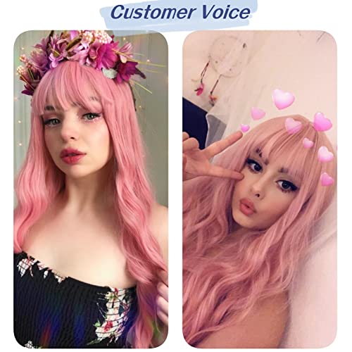 Netgo Womens Pink Wig Long Fluffy Curly Wavy Hair Wigs for Girl Heat Friendly Synthetic Cosplay Party Wigs - Image 3