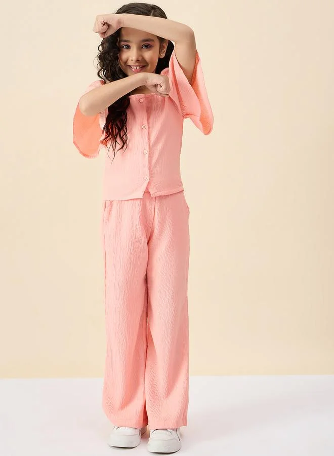 Stylo Bug Girls Peach Solid Buttoned Top and Pants Set