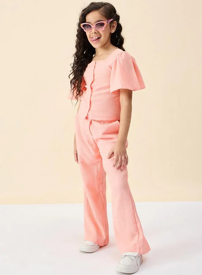 Stylo Bug Girls Peach Solid Buttoned Top and Pants Set