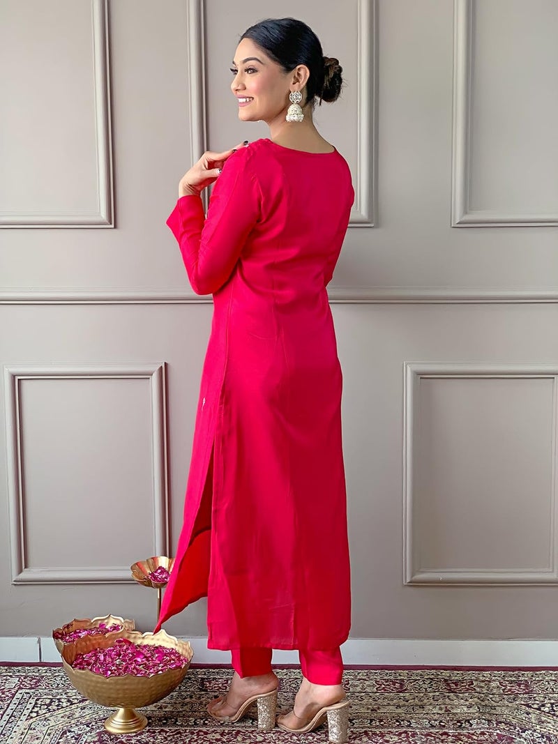 Naixa Women's Gajri Viscose Embroidered Straight Kurta with Viscose Pant and Silk Blend Printed Dupatta Sets (NX-467-Gajri-XS) - Image 4