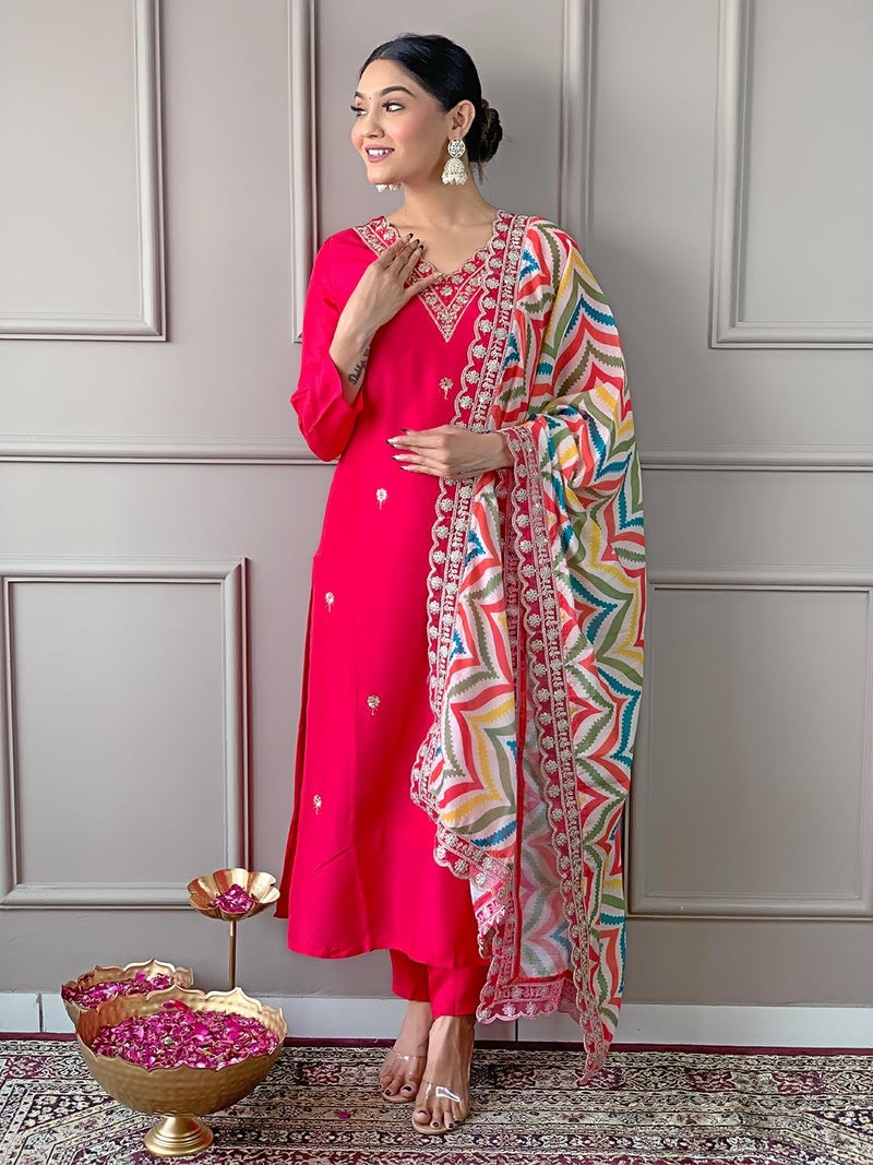 Naixa Women's Gajri Viscose Embroidered Straight Kurta with Viscose Pant and Silk Blend Printed Dupatta Sets (NX-467-Gajri-XS) - Image 2