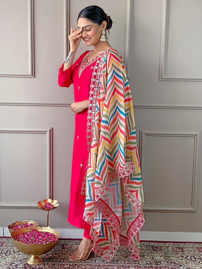 Naixa Women's Gajri Viscose Embroidered Straight Kurta with Viscose Pant and Silk Blend Printed Dupatta Sets (NX-467-Gajri-XS) - Image 3