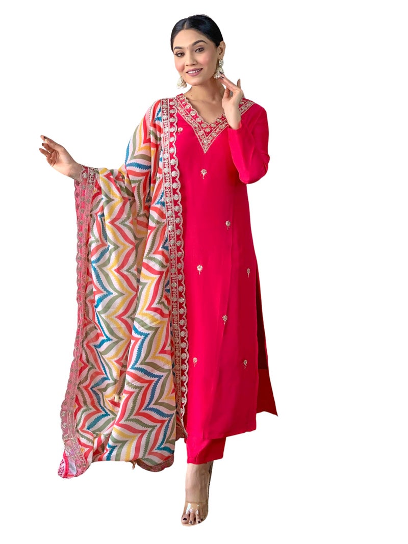 Naixa Women's Gajri Viscose Embroidered Straight Kurta with Viscose Pant and Silk Blend Printed Dupatta Sets (NX-467-Gajri-XS) - Image 1