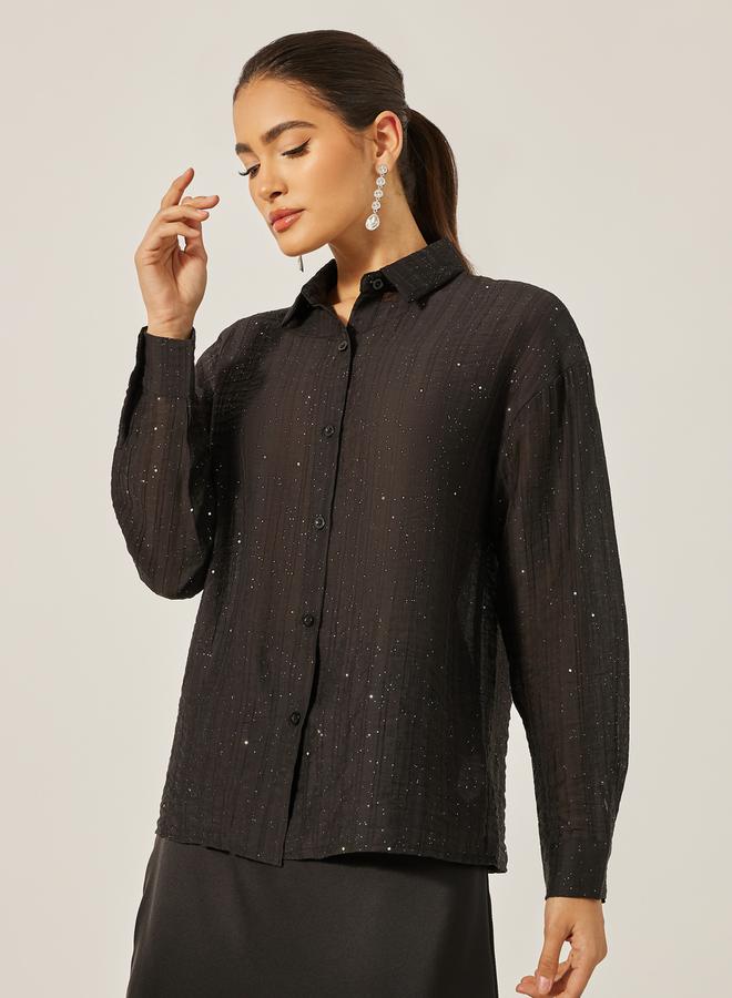 Styli Textured Striped Regular Fit Shirt with Metallic Detail - Image 4