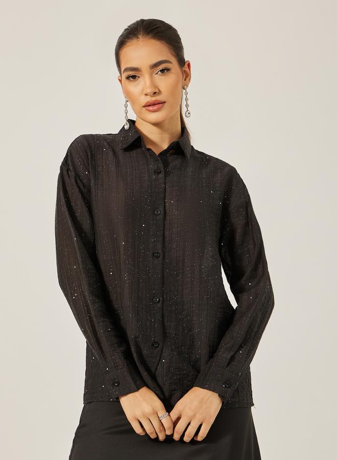 Styli Textured Striped Regular Fit Shirt with Metallic Detail - Image 2