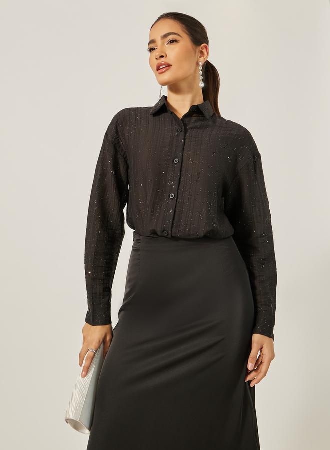 Styli Textured Striped Regular Fit Shirt with Metallic Detail - Image 3