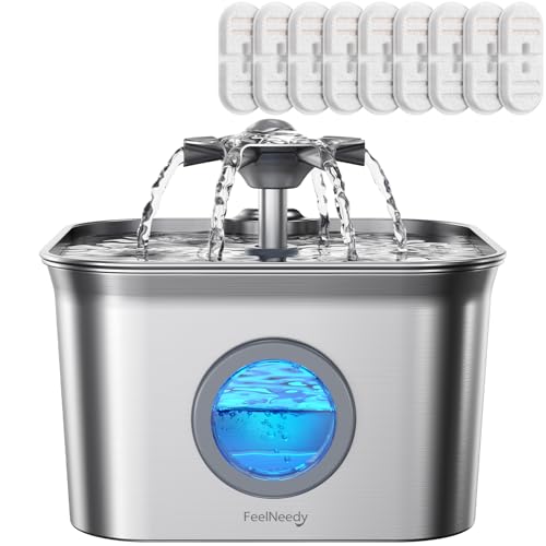 FEELNEEDY Stainless Steel Cat Water Fountain, 2.8L with 20dB Ultra-Quiet Pump- Ideal for Timid Pets, LED Water Level Window, Dishwasher Safe, 24/7 Circulation- Includes 9 Replacement Filters - Image 1