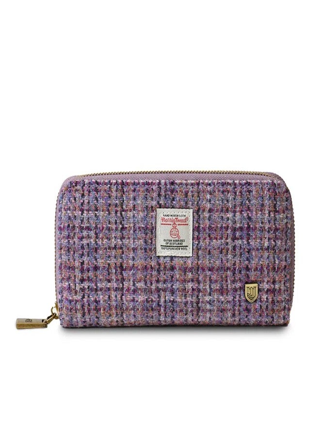 Islander HarrisTweed & PU Leather women’s long zip purse, Violet Mini Dogtooth, Carry Cash & card, Scottish Style - Image 1