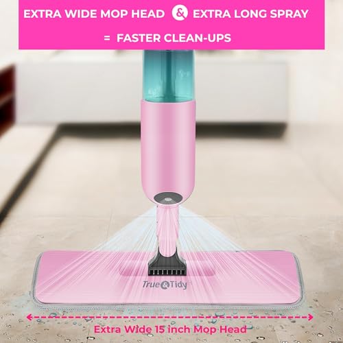 True & Tidy® SPRAY-250 Multi-Surface Spray Mop with Refillable Water Bottle for Floor Cleaning, Works on Wood, Tile, Marble etc, Use Any Cleaning Solution, Machine Washable Microfiber Mop Pads, Pink - Image 2