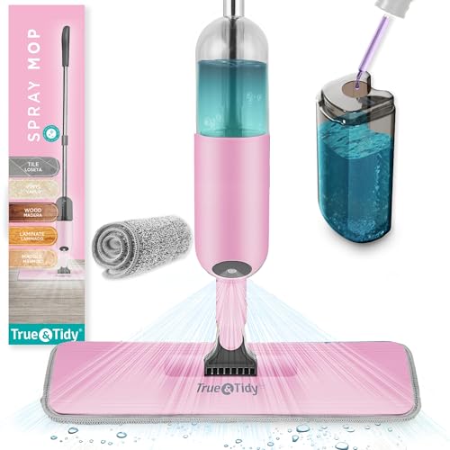 True & Tidy® SPRAY-250 Multi-Surface Spray Mop with Refillable Water Bottle for Floor Cleaning, Works on Wood, Tile, Marble etc, Use Any Cleaning Solution, Machine Washable Microfiber Mop Pads, Pink - Image 1