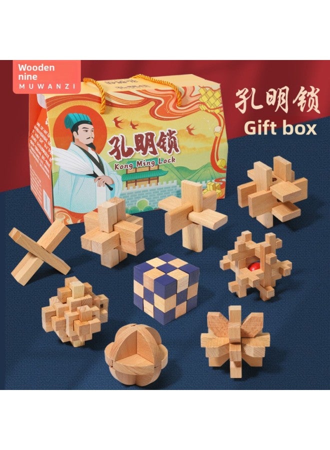 Kongming Lock Luban Lock Set Intelligence Unlocking Wooden Primary School Students' Hands-on Brain Educational Toys Nine-piece Gift Box-Color:Kongming Lock 6-piece Gift Box - Image 2