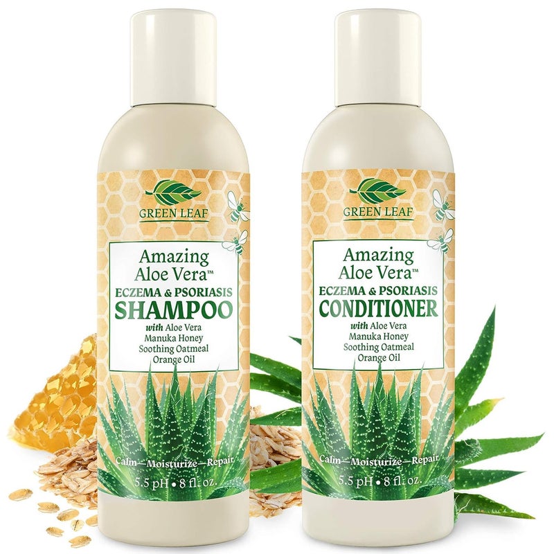 Green Leaf Naturals Eczema & Psoriasis Shampoo & Conditioner Set For Men & Women (2 Pack)-Aloe Vera & Manuka Honey for Gentle Itchy, Dry Scalp Treatment-Dandruff, Seborrheic Dermatitis, Sulfate-Free, Hypoallergenic 8oz - Image 1