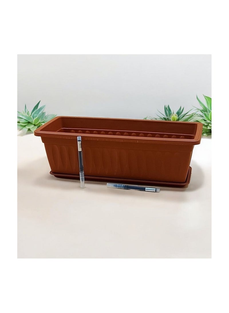 Rectangular planter pot made of durable plastic with tray, terracotta colour
