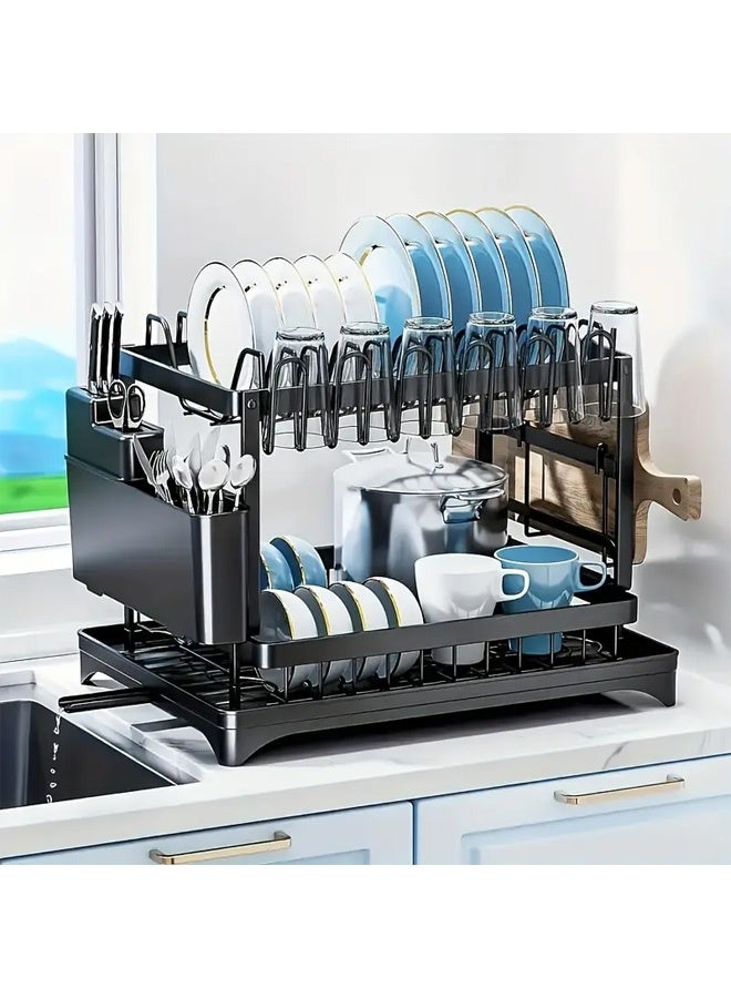 FUMES 2-Tier Large Dish Drying Rack with Drainboard, Cup Hooks & Utensil Holder – Rustproof Kitchen Drainer for Plates, Bowls, Glasses & Cutting Board - Image 2