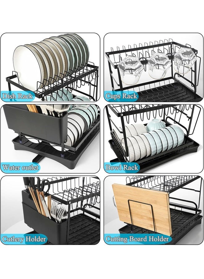 FUMES 2-Tier Large Dish Drying Rack with Drainboard, Cup Hooks & Utensil Holder – Rustproof Kitchen Drainer for Plates, Bowls, Glasses & Cutting Board - Image 4