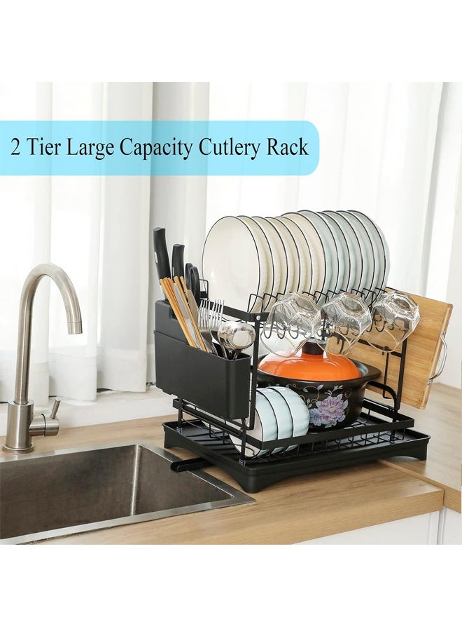 FUMES 2-Tier Large Dish Drying Rack with Drainboard, Cup Hooks & Utensil Holder – Rustproof Kitchen Drainer for Plates, Bowls, Glasses & Cutting Board - Image 5