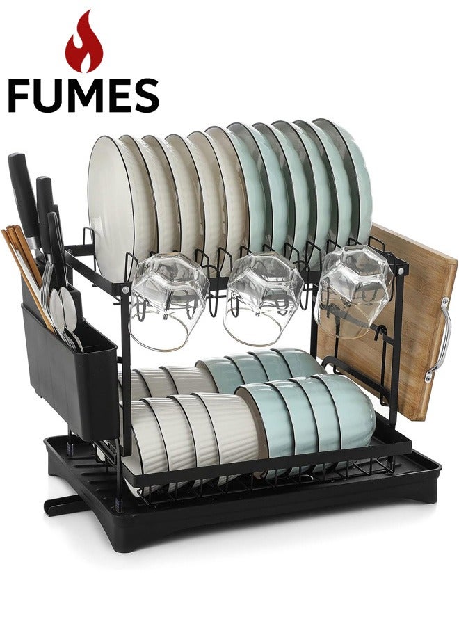 FUMES 2-Tier Large Dish Drying Rack with Drainboard, Cup Hooks & Utensil Holder – Rustproof Kitchen Drainer for Plates, Bowls, Glasses & Cutting Board - Image 1