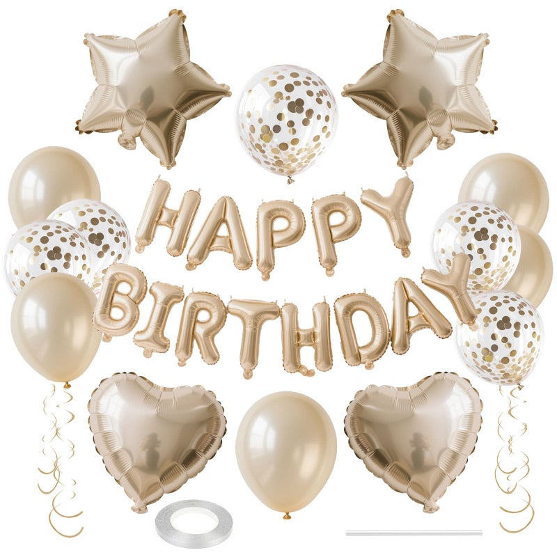 WEIKA 27 Pcs Champagne Gold Birthday Decorations 3D Letters Champagne Gold Happy Birthday Balloon Banner Pentagram Heart Foil Balloons Confetti Balloons Kit For Boys Girls Party Supplies - Image 3
