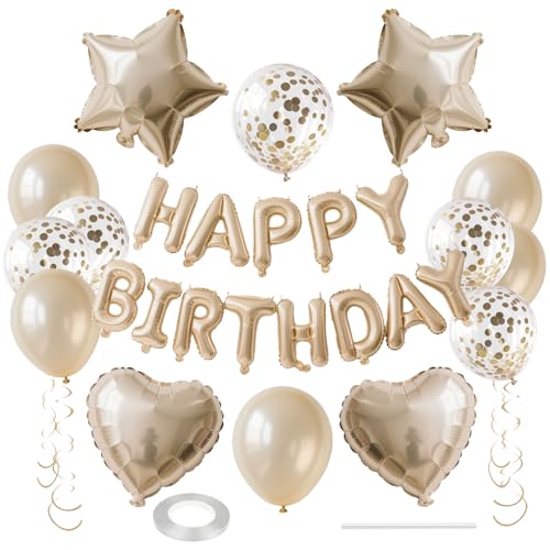 WEIKA 27 Pcs Champagne Gold Birthday Decorations 3D Letters Champagne Gold Happy Birthday Balloon Banner Pentagram Heart Foil Balloons Confetti Balloons Kit For Boys Girls Party Supplies - Image 1