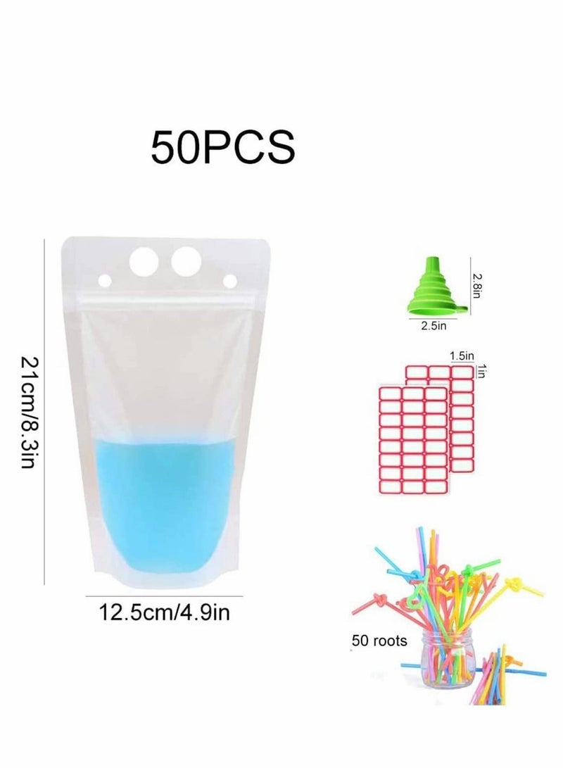 NIBEMINENT Drink Pouches Bags, 50 Pcs Heavy Duty Hand-Held Stand up Bag Reclosable Zipper Plastic Container for Freezing Juice Cold/Hot Drinks Party Supplies with Straws  - Image 4