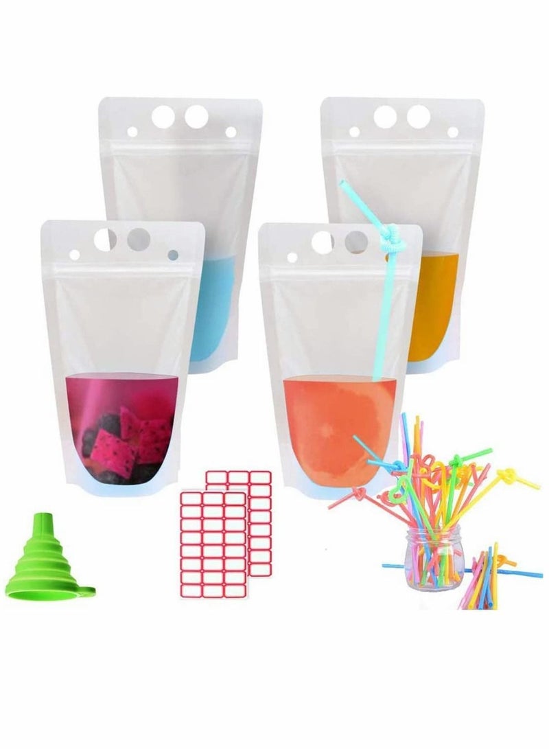 NIBEMINENT Drink Pouches Bags, 50 Pcs Heavy Duty Hand-Held Stand up Bag Reclosable Zipper Plastic Container for Freezing Juice Cold/Hot Drinks Party Supplies with Straws  - Image 1