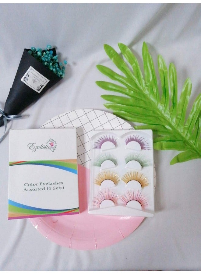 ezolistic Fake Colored Eyelashes (4 Pairs) Natural 3D Looking Reusable Eye Lashes Extension For Halloween Cruelty Free ( 5 Purple/Metallic Light Green Yellow/Gold Light Pink/Rainbow) - Image 4