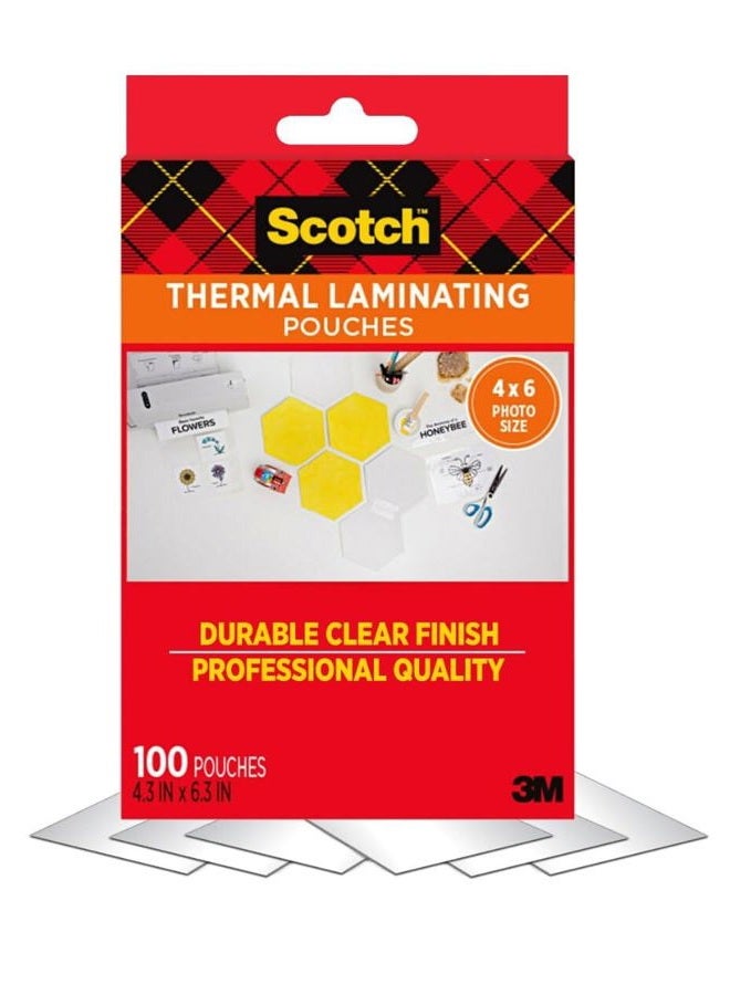 Scotch  Thermal Laminating Pouches, 100 Count, Clear, 5 mil., Laminate Business Cards, Banners and Essays, Ideal Office or School Supplies, Fits Photo Sized (4.3 in. × 6.3 in.) Paper - Image 1