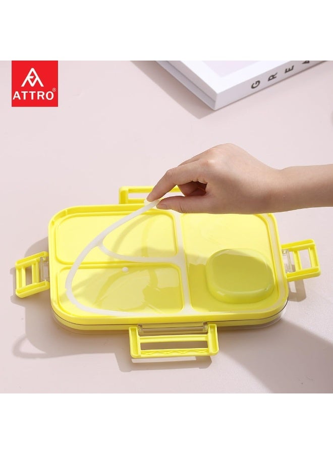 ATTRO صندوق غداء للأطفال بتصميم ديناصور من سافور يحتوي على 3 أقسام وعاء صغير ملعقة واحدة وغطاء داخلي منفصل مقاوم للتسرب خالٍ من مادة BPA سعة 1270 مل + 70 مل، بلاستيك أصفر - Image 3