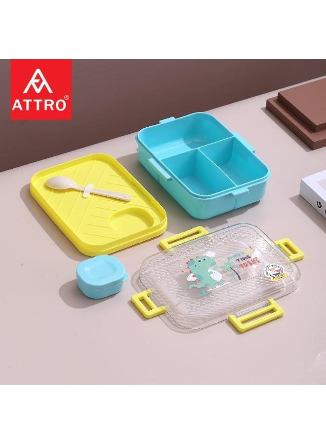 ATTRO صندوق غداء للأطفال بتصميم ديناصور من سافور يحتوي على 3 أقسام وعاء صغير ملعقة واحدة وغطاء داخلي منفصل مقاوم للتسرب خالٍ من مادة BPA سعة 1270 مل + 70 مل، بلاستيك أصفر - Image 4
