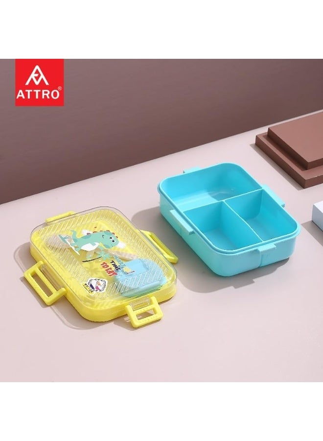 ATTRO صندوق غداء للأطفال بتصميم ديناصور من سافور يحتوي على 3 أقسام وعاء صغير ملعقة واحدة وغطاء داخلي منفصل مقاوم للتسرب خالٍ من مادة BPA سعة 1270 مل + 70 مل، بلاستيك أصفر - Image 5