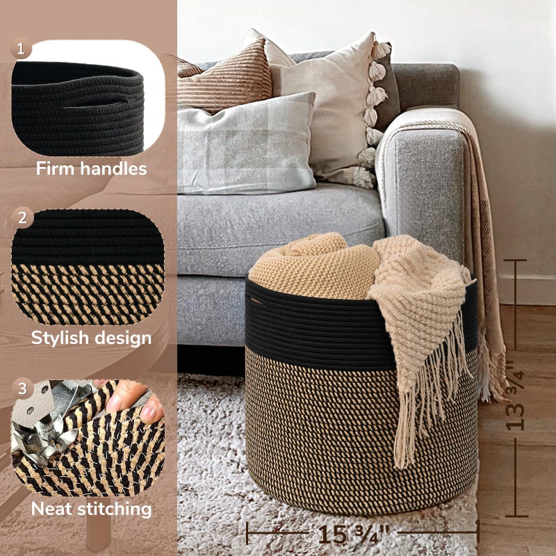 Goodpick Woven Rope Storage Basket, Blanket Basket for Towel, Shoe, Clothes, Large Toy Storage for Playroom, Living Room, Nursery, Toy Bin, Black - Image 3