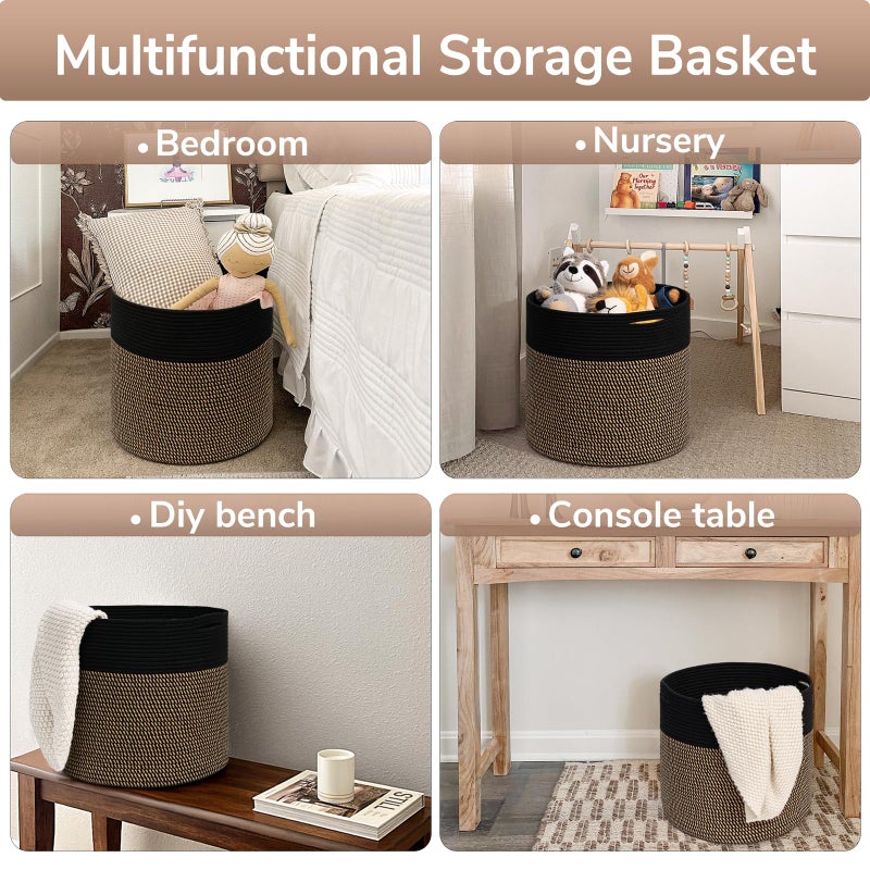 Goodpick Woven Rope Storage Basket, Blanket Basket for Towel, Shoe, Clothes, Large Toy Storage for Playroom, Living Room, Nursery, Toy Bin, Black - Image 4