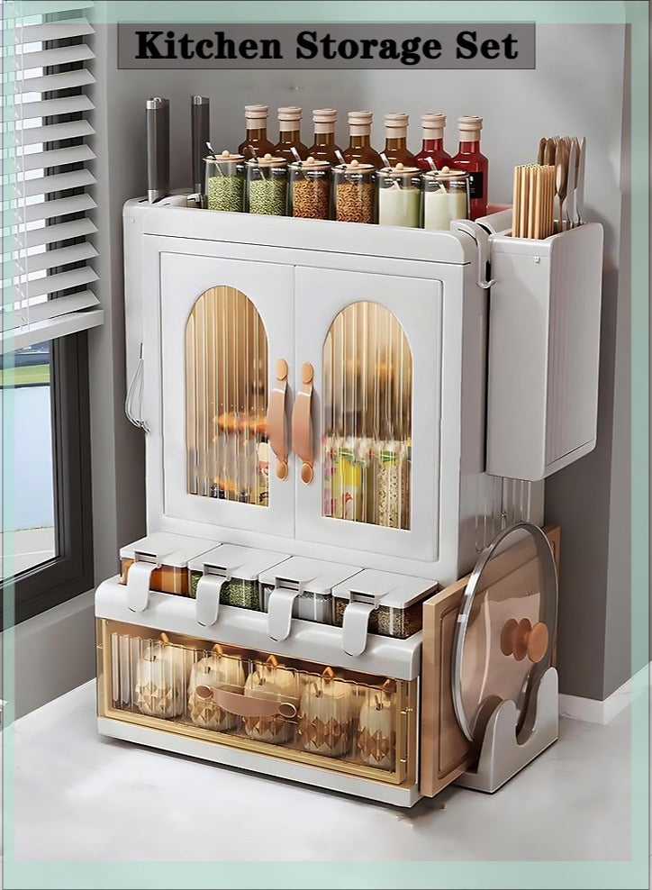 Occuwzz 3 Tier Kitchen Organization with Seasoning Box Storage Cabinet Foldable Kitchen Cabinet Kitchen Spice Cabinet Drawer Kitchen Organizer for Spice Jar Dinnerware and Knives Countertop Organizer  - Image 1