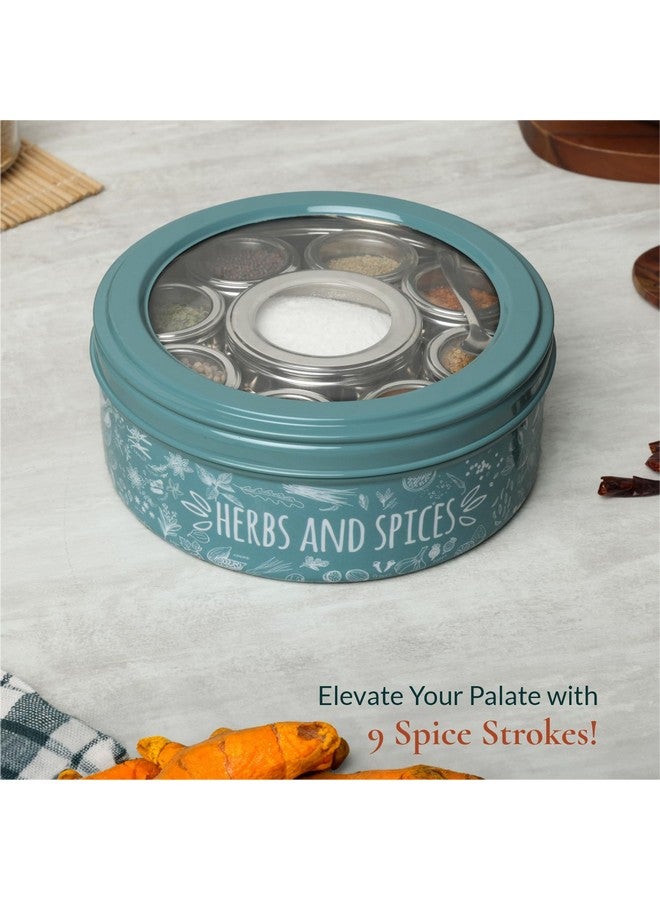 dudki 9 In 1 Herbs & Spice | Stainless Steel Handcrafted Spice Box | Spice Box For Kitchen | See Through Lid 9 Containers And Spoons | Moss- Green (2.5 Ltr | X-Large | 22.5Cm), Blue-Green - Image 4