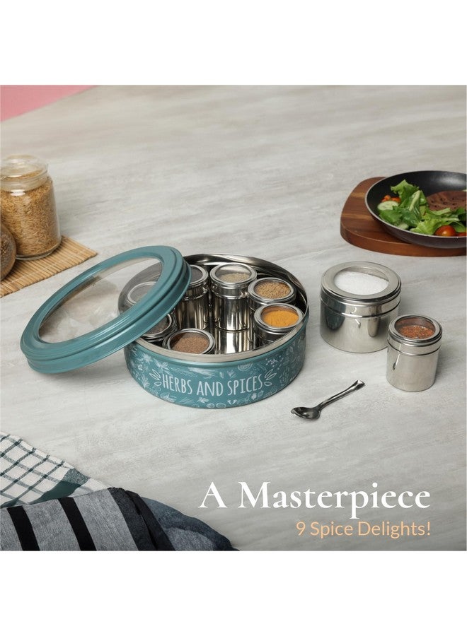 dudki 9 In 1 Herbs & Spice | Stainless Steel Handcrafted Spice Box | Spice Box For Kitchen | See Through Lid 9 Containers And Spoons | Moss- Green (2.5 Ltr | X-Large | 22.5Cm), Blue-Green - Image 3