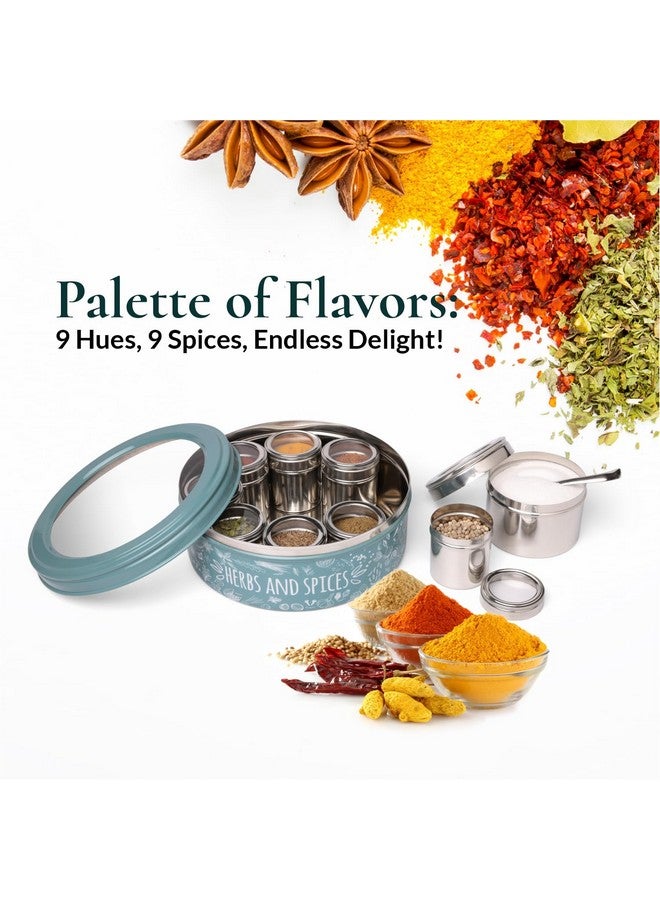dudki 9 In 1 Herbs & Spice | Stainless Steel Handcrafted Spice Box | Spice Box For Kitchen | See Through Lid 9 Containers And Spoons | Moss- Green (2.5 Ltr | X-Large | 22.5Cm), Blue-Green - Image 2
